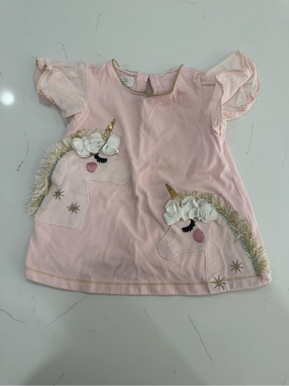 Mud Pie Girls’ 12–18M Pink Unicorn Applique Tee | Boutique Baby